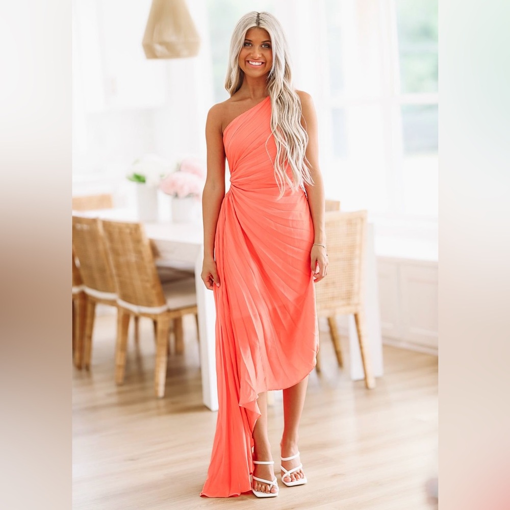 Aakaa Vibrant Coral/Tangerine One-Shoulder Pleated Midi Dress
